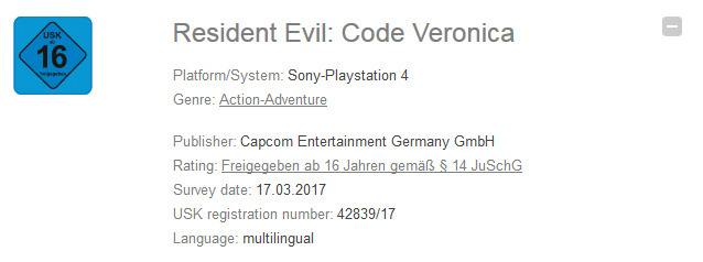 PS4版『バイオハザード CODE:Veronica』が独レーティング機関に登録